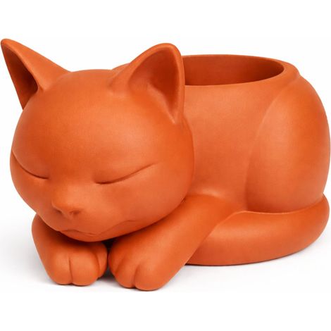 Cache-pot décoratif orange en forme de chat endormi pour plantes grasses et cactus