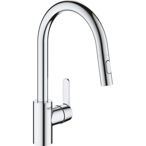 Grohe – Mitigeur de cuisine monocommande col de cygne 31484001 – Douchette extractible 2 jets – Bec pivotant 360° – Finition chrome durable