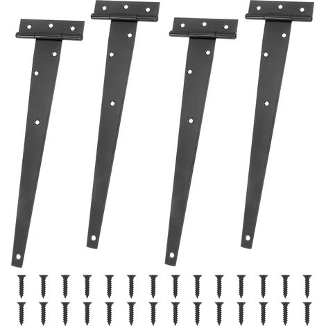 Lot de 4 Charnières en T Noires Galvanisées (300 mm), Lourdes avec Vis pour Portes de Grange et Portails