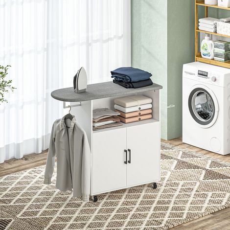Bügelbrettschrank mit Kleiderstange, Bügeleisenständer, Mehrzweck-Bügelbrettschrank mit offenem Fach, feststellbaren Rollen, Schrank mit verstellbarem Einlegeboden, 125 x 43,5 x 102,5 cm, Weiß