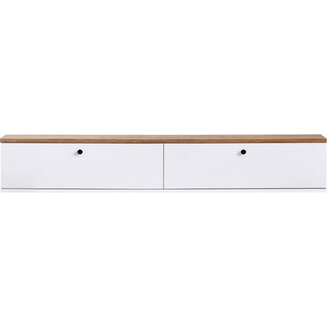 Meuble tv suspendu 2 portes plateau bois foncé L160cm - Blanc - Yara (1/5)
