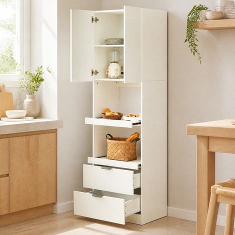 Mobile cucina alto 200 cm bianco con ante, cassetti e ripiani aperti, anti-ribaltamento OKMYHOME (1/5)