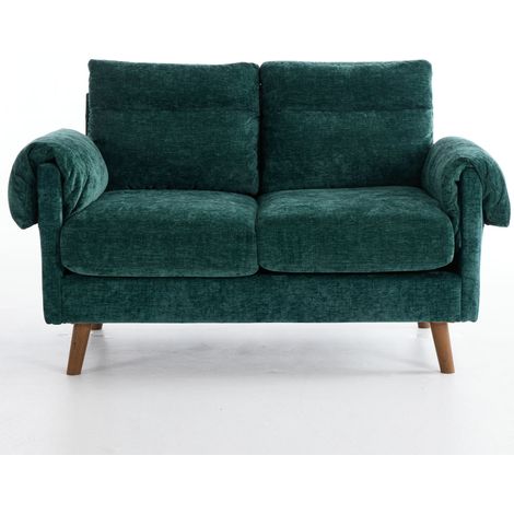 Canapé 2 places compact en tissu chenille vert émeraude avec coussins épais et pieds en bois effet nature (1/5)