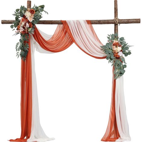 Kit Fleurs Artificielles pour Arche de Mariage avec 2 Bouquets de Fleurs, 2 Rideaux Translucides, pour Décoration Célébrations Cérémonie, de Toile de Fond de Réception, Événements, Orange Blanc (1/5)