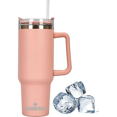 Kaffeebecher To Go 1182ml, doppelwandig, Edelstahl, mit Griff & Strohhalm, Pink (1/5)