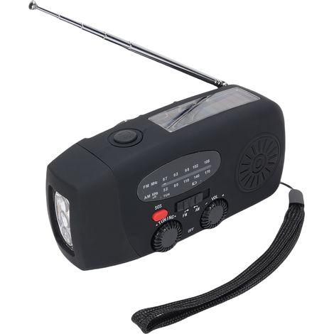 Radio AM/FM portable, radio solaire d'urgence pour l'extérieur, radio à manivelle avec lampe torche LED, alarme SOS, batterie rechargeable 5000 mAh, sortie USB, version européenne noire étanche (1/5)