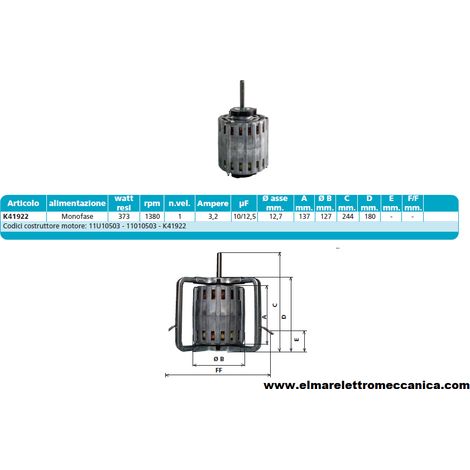 K41922 373 W 1380 GIRI Motore Elettrico Monofase Ventilatore Centrifugo Assiale
