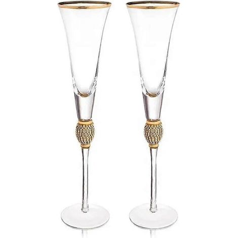 Ensemble de 2 verres à vin élégants à pied long, décorés de diamants et ornés d'un liseré doré et de cristaux. Idéal comme cadeau. (1/5)