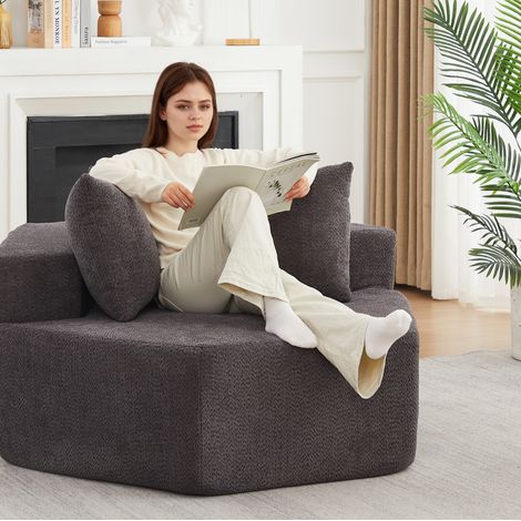 Sillón modular hexagonal, asiento individual, con terciopelo chenilla gris, tres cojines (1/5)