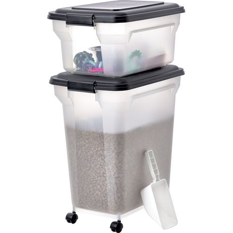 Iris Ohyama, 2 Dosen Trockenfutter 20 und 45L für 7,5 und 15 kg, Luftdicht, mit Schaufel und Rädern, für Hunde und Katzen, ATS-C, Schwarz