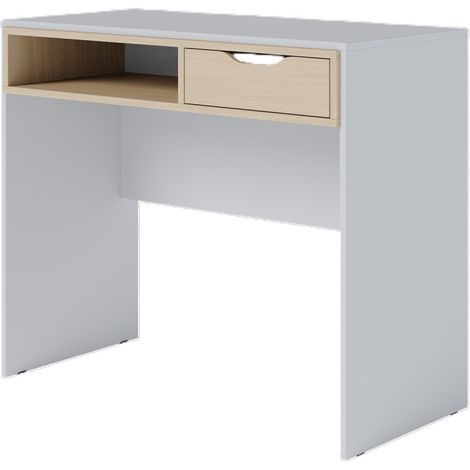 Bureau 1 Tiroir 1 Niche Blanc et Chêne Clair L 90 H 77.5 P 44 cm (1/5)