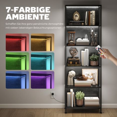 Bibliothèque 5 étagères lumineuse LED, 7 teintes d'éclairage, pour séjour, 60x30x179 cm, noir (1/4)