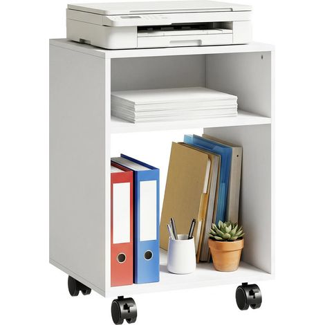 Design blanc, meuble porte-imprimante à roulettes avec 2 compartiments ouverts pour bureau (1/5)