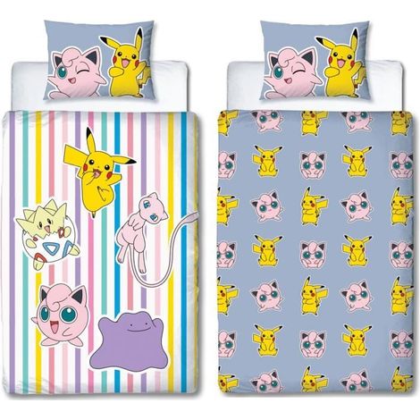 Umkehrbare Bettwäsche - POKEMON - Pikachu, Mew, Togepi, Jigglypuff & Métamorph - Mikrofaser - 140 x 200 cm + 1 Kissenbezug 63 x 63 cm