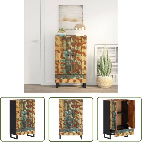 The Living Store Buffet haut et tiroir 60x33x100 cm bois massif récupération/fer - Buffet Industriel - Meuble Rangement - Bois Récupéré - Mobilier Vintage - Décoration Intérieure (1/5)