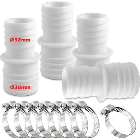 Lot de 4 raccords pour Tuyau Piscine, Raccord de Tuyau avec Colliers de Serrage, Ø 32 mm vers 38 mm de diamètre avec 8 Colliers de Serrage, Adaptateur de Tuyau de Piscine, Adaptateurs de Tuyau(Bl (1/3)