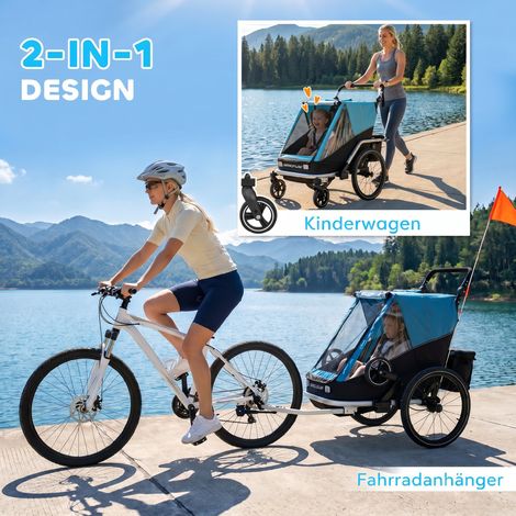 Remorque vélo enfant 2 places, 2-en-1 pliable, sièges et ceintures réglables, bleu (1/5)
