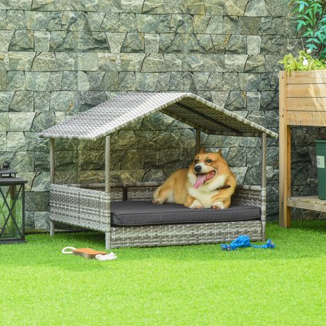Nichette pour chien en rotin gris avec coussin, abri extérieur forme maison, armature acier et plastique, 69x98x70 cm
