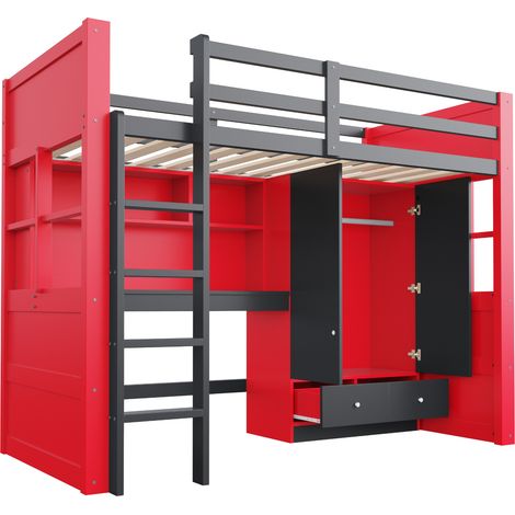 Letto a soppalco 90 x 200 cm con scala, scrivania, armadio e cassetti, legno, nero e rosso (1/5)