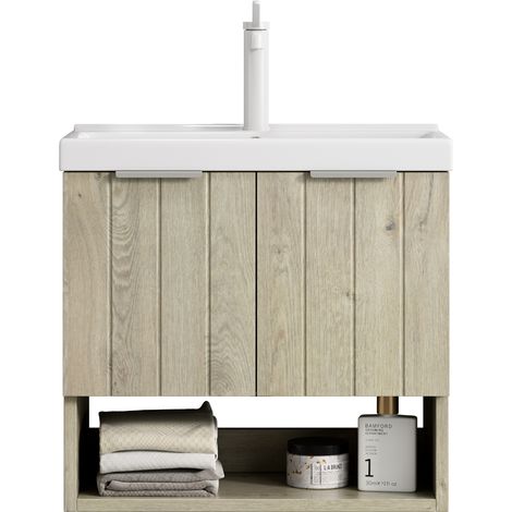 Meuble vasque salle de bain mural 55 cm avec lavabo céramique blanc, double porte, étagère ouverte et finitions bois clair, pour petits espaces  CHICFURN (1/5)