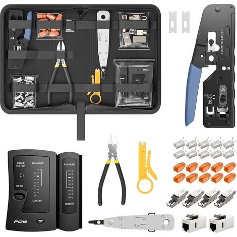 Network Pass Through RJ45 Tool Kit Crimper for Cat7/6/5 RJ45 Crimping Pliers, 4 x Cat7 Network Plug without Tools, 10 x RJ45 Connectors, LSA Laying Tool, Network Tester (1/5)