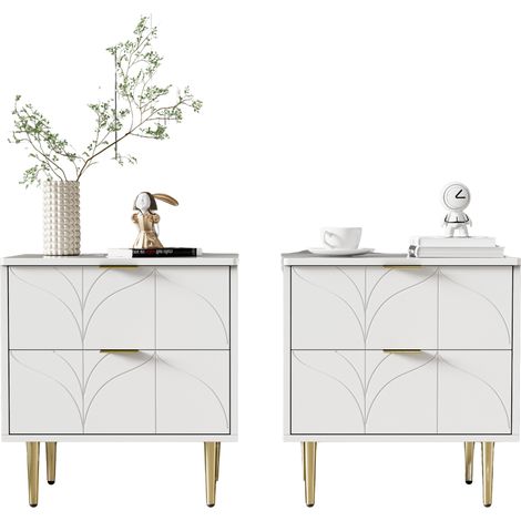 Comodino set da 2 con 2 Cassetti, Angoli Arrotondati, in MDF e Acciaio, Bianco e Dorato, 50 × 40 × 54 cm (1/5)
