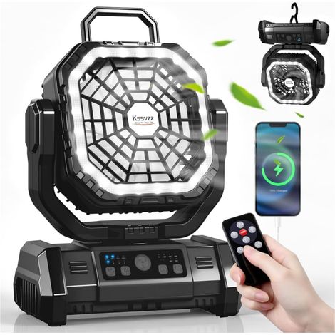 Ventilateur Camping 30000 mAh avec LED, Ventilateur Portable Rechargeable à 4 Vitesses avec Télécommande et Crochet, Ventilateur de Table USB avec Minuterie, Idéal pour Barbecue, Pêche, Noir (1/5)