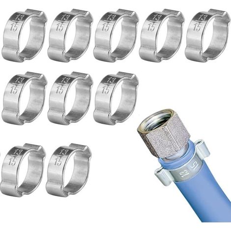 Abrazaderas para tuberías, 10 abrazaderas de crimpado de acero inoxidable cincado, abrazaderas de dos orejas (13-15 mm) (1/5)