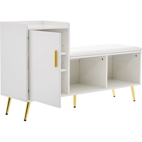 Mobile scarpiera da ingresso bianco lucido con panca imbottita e ripiani regolabili MODENUIT (1/5)