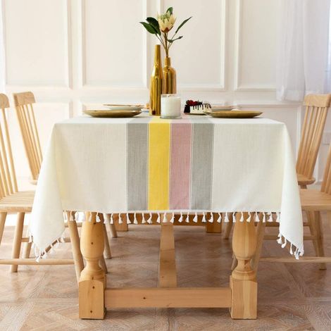 Nappe rectangulaire anti-poussière lavable, nappe oblongue en coton et lin avec franges pour la décoration de la table de cuisine et de salle à manger. (1/5)