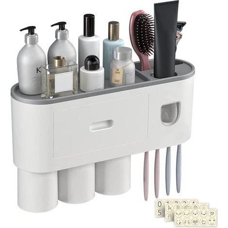 Porta spazzolini da parete - Dispenser automatico - Installazione senza foratura - 3 contenitori - Grigio (1/5)