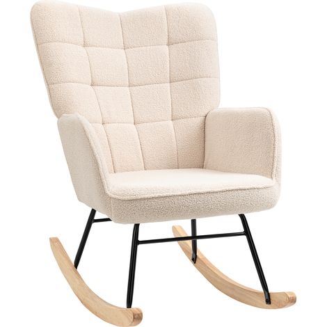Fauteuil à bascule en laine bouclée effet doux, structure acier robuste, dimensions 71 x 98 x 101 cm, coloris beige (1/5)