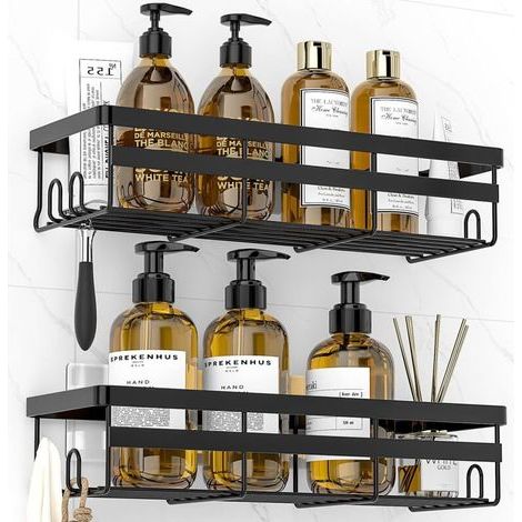 Bathroom Shelf, 2-Piece, Shower Shelf, Shower Storage Cabinet with Hooks (Black)