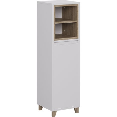mobiletto bagno Elnor, Bianco/quercia, 30 x 105 cm con cesto portabiancheria pieghevole, Vicco