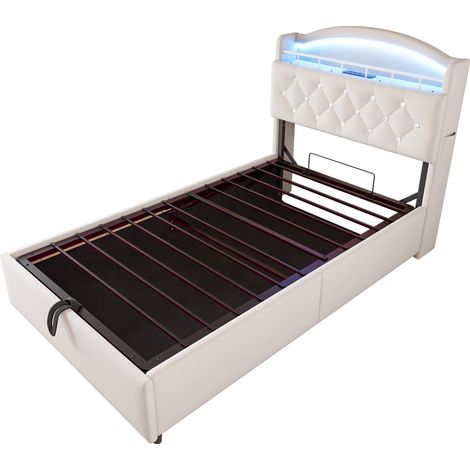 Gepolstertes Kinderbett 90 x 200 cm in Samtoptik mit LED, USB und Stauraum, beige MODENUIT (1/5)