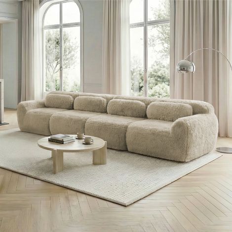 4-Sitzer Sofa, Premium-Plüschstoff, Mehrfachkombination, rutschfester Boden, mit Kissen. Ergonomische Unterstützung, hochelastischer Schaumstoff, geeignet für Wohnzimmer, Schlafzimmer,Hellkhaki