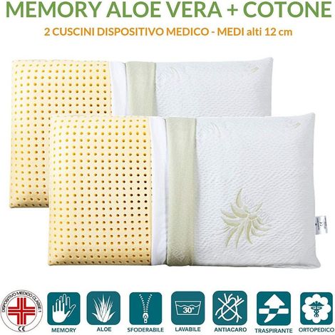 EVERGREENWEB - Coppia Cuscini Letto 40x70 Alti 12 cm Modello Saponetta 100% MEMORY FOAM doppia fodera ALOE VERA e COTONE Sfoderabile Guanciali RILASSANTI per dolori Cervicali con DISPOSITIVO MEDICO  (1/5)
