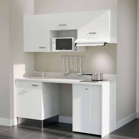 Kitchenette K55L - 180 cm - plan monobloc évier intégré Snova- évier à gauche - Façades Blanc + Electroménager inclus coloris Blanc