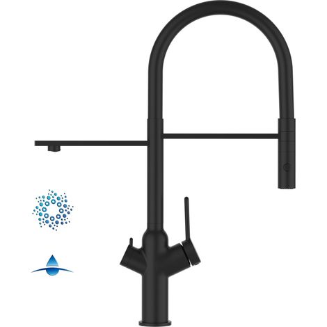Rubinetto 4 vie miscelatore cucina Nero Opaco con canale separato per acqua filtrata, canna nera movibile e doccia due getti staccabile - serie BOD