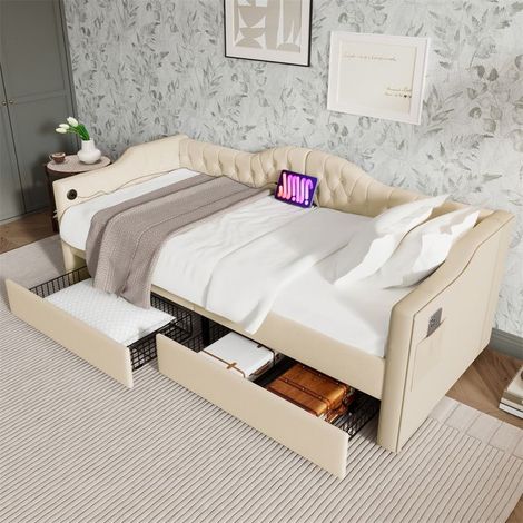 Lit rembourré 90x200 cm velours beige - méridienne convertible canapé-lit coffre, 2 tiroirs, charge USB Type-C (sans matelas) (1/5)