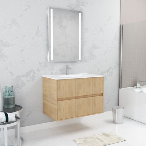 Pack Mueble de Baño 80cm Roble Claro 2 cajones, Lavabo, Espejo 60x80 con luz Led integrada