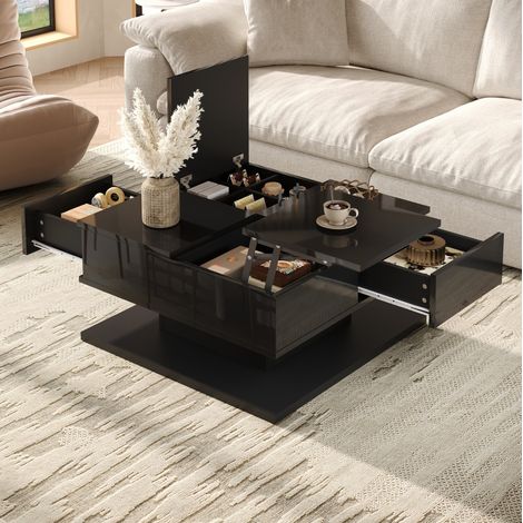 Mesa de centro 72/72/35 cm negra brillante con tablero elevable, LED y cajones (1/5)