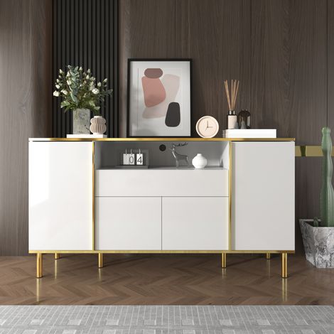 Buffet blanc laqué brillant, 1 tiroir et 4 portes, bahut moderne pour chambre ou salon, rangement élégant et fonctionnel 150x40x80 cm (1/5)
