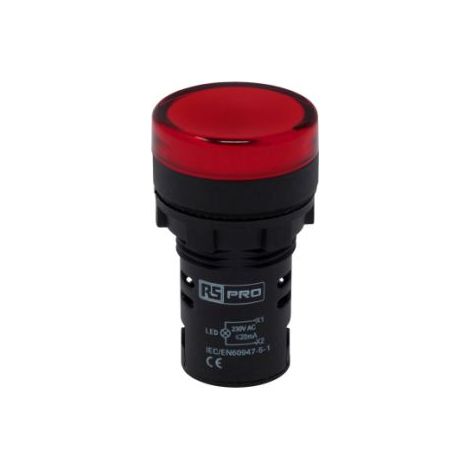 Voyant lumineux LED RS PRO Rouge 230V c.a., Ø découpe 22mm, Montage panneau, IP65 ( Prix pour Paquet de 5 )