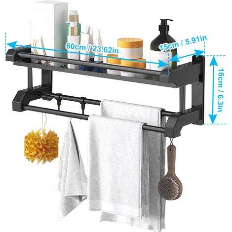 Bathroom Storage Rack Wall-mounted Stainless Steel Towel Rack for Toilet Bathroom Kitchen Hanging Accessories Single Layer Black 60cm (1/5)
