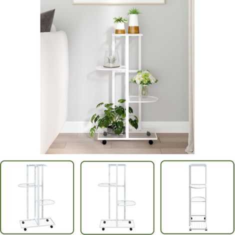 The Living Store Jardinière à 4 niveaux avec roues 44x23x80 cm Blanc Fer - Support Plante - Jardinerie - Étagère Murale - Fleur Pot - Décoration Intérieur (1/5)