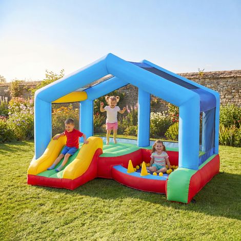 4-in-1 aufblasbare Burg, Spielbereich mit Gebläse, Rutsche, Bällebad, Ringwurfspiel, mehrfarbig