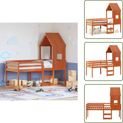 The Living Store Lit haut sans matelas cire marron 80x200 cm bois de pin massif - Lit Enfant - Lit Surélevé - Lit Cabane - Lit Design - Lit Bois Pin