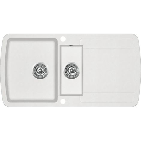 Évier de cuisine double 96 x 50 cm lavabo granit blanc (1/4)