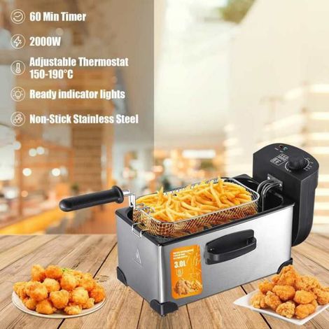 Friteuse Électrique 3L, 2000W - Friteuse à Huile Inox avec Minuterie et Thermostat - Idéale pour Frites, Beignets, Poulet Frit (1/5)